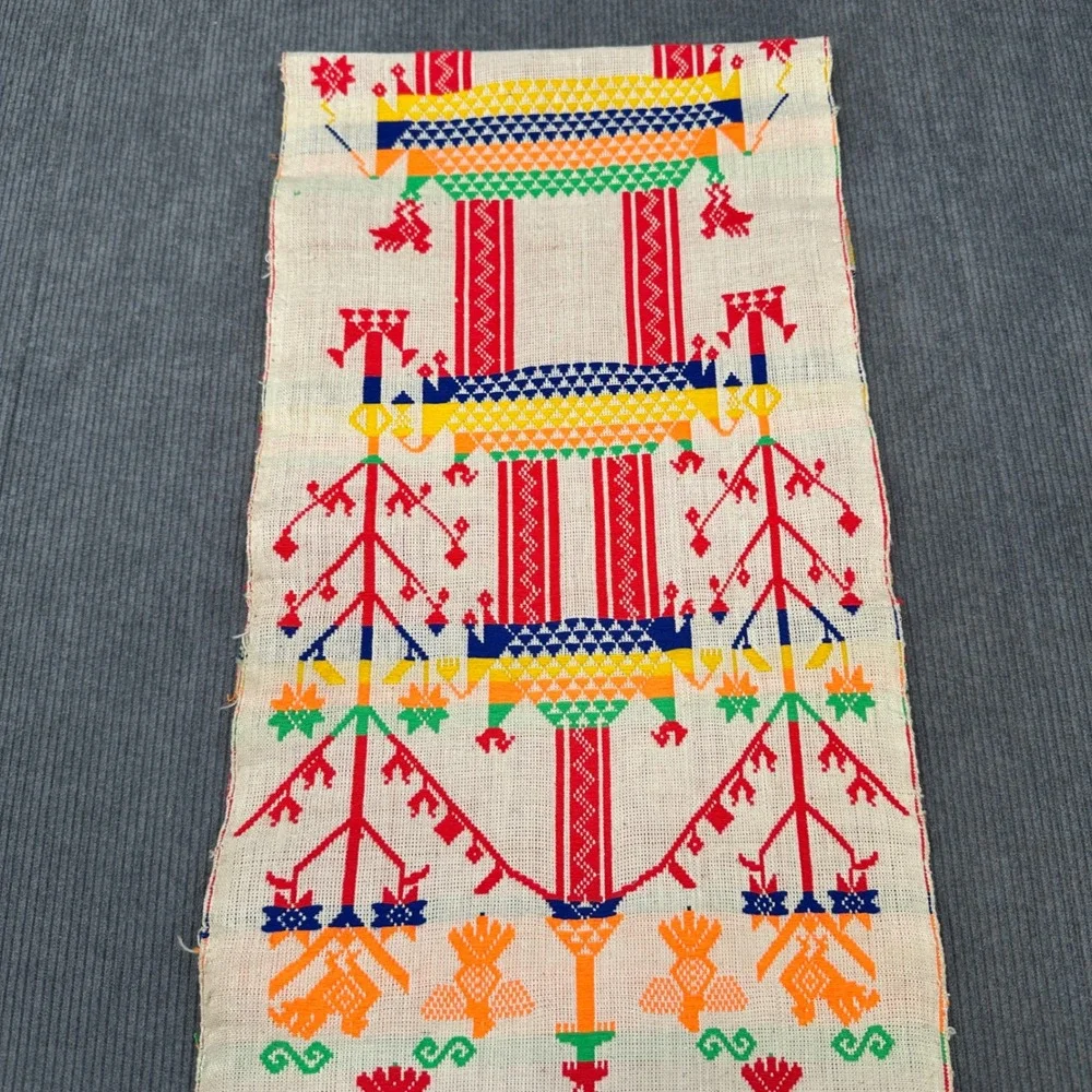 Vintage Handwoven Folk Art Textile Table Runner Rainbow Geometric Fringe‎ 42x10